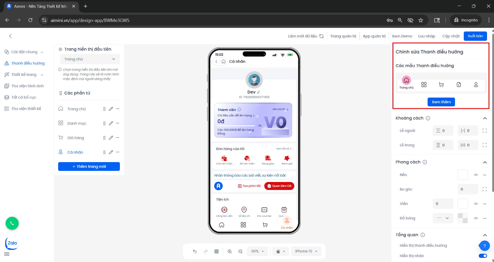 Các mẫu Navigation Bar có sẵn