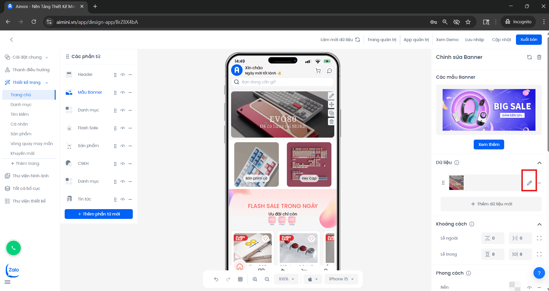 Nút chỉnh sửa banner trong giao diện quản lý
