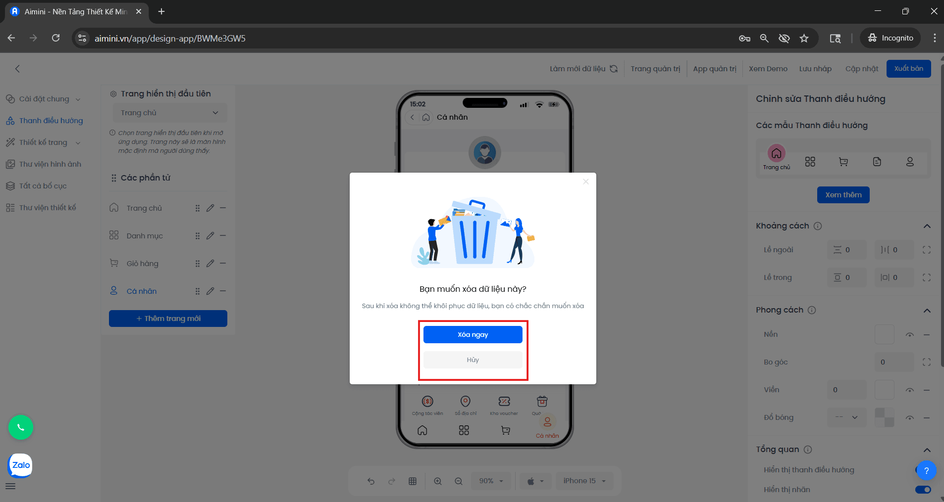Xác nhận xóa trang trong Navigation Bar