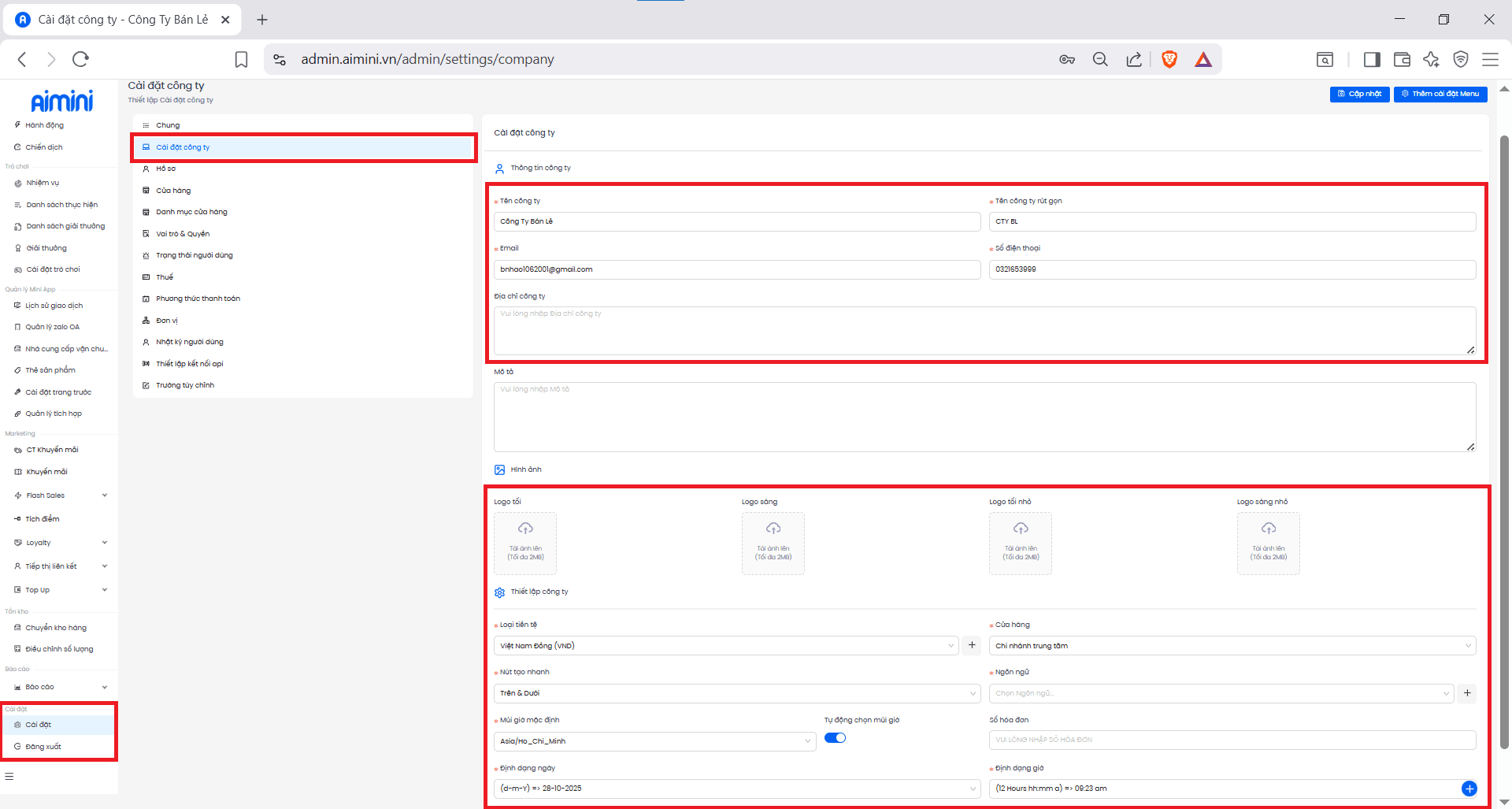 Giao diện cài đặt công ty