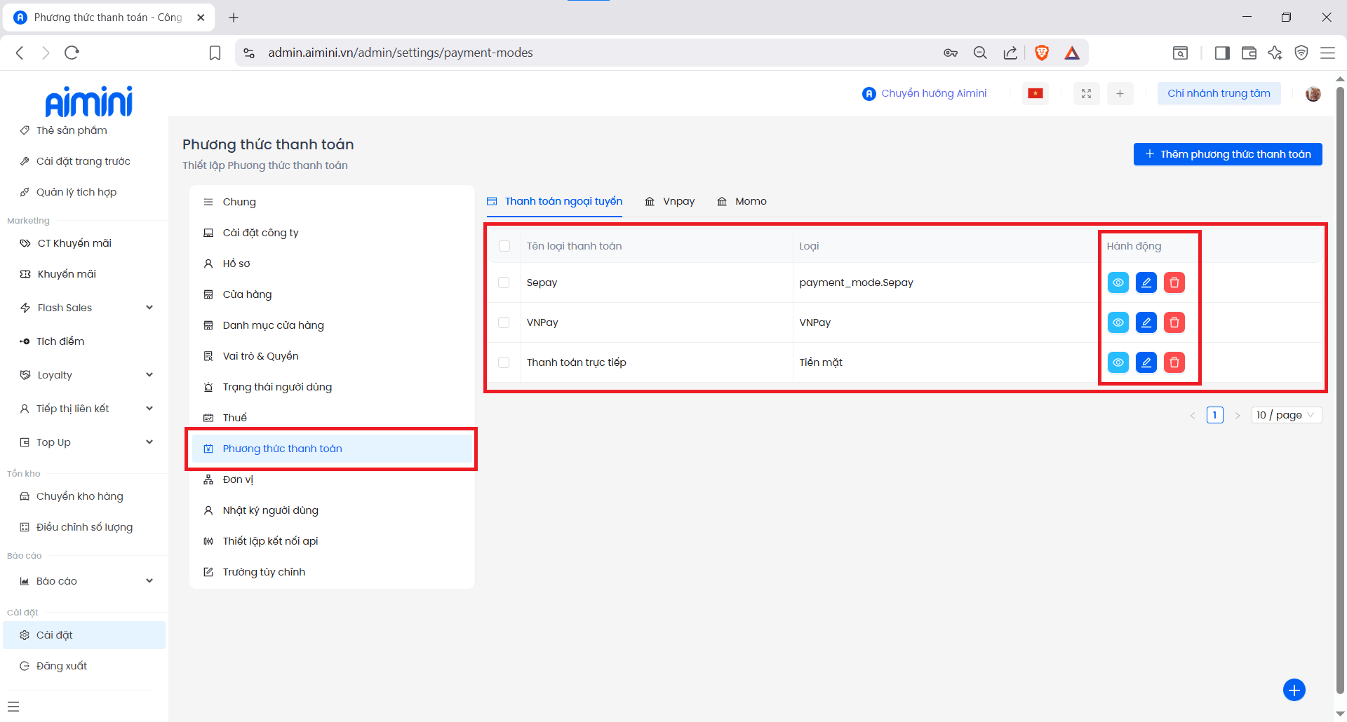 Danh sách phương thức thanh toán