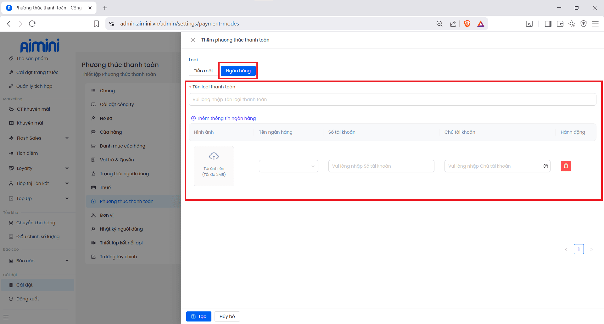 Thêm phương thức chuyển khoản