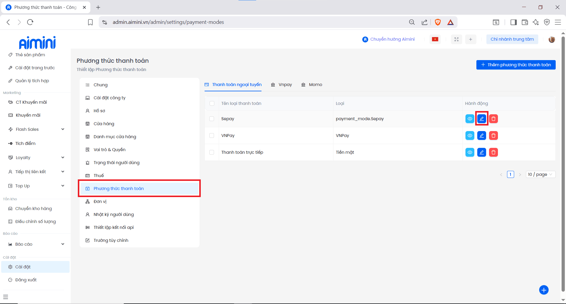 Chỉnh sửa phương thức chuyển khoản
