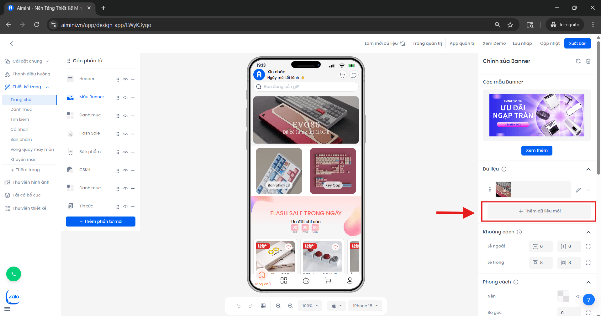 Nút thêm dữ liệu mới trong giao diện quản lý banner