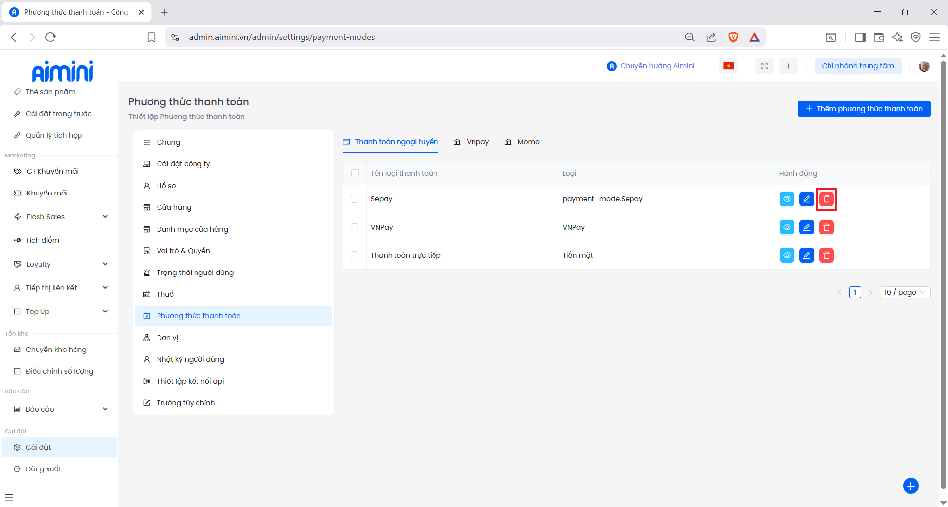 Xóa phương thức chuyển khoản