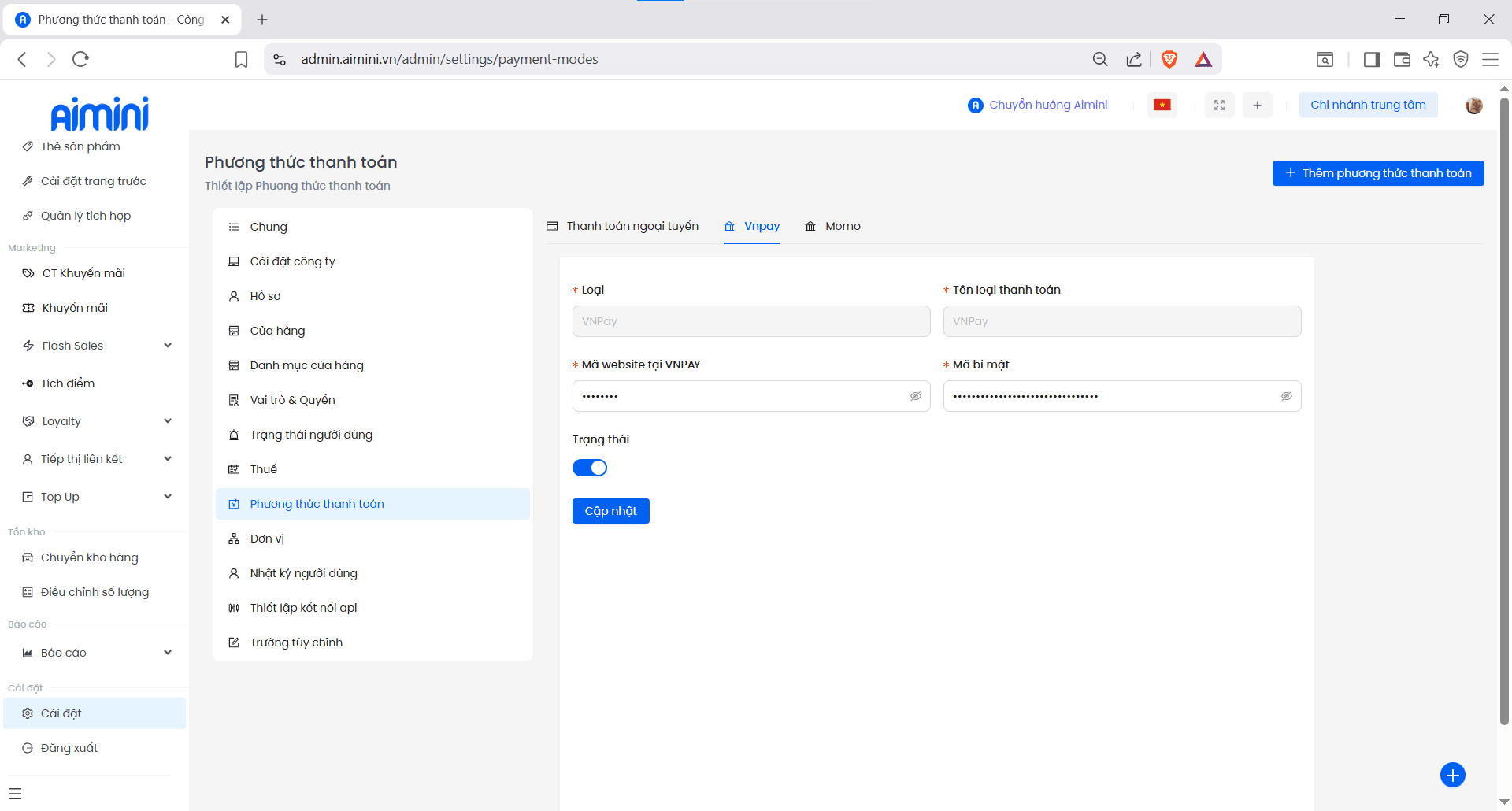 Cấu hình phương thức VNPay