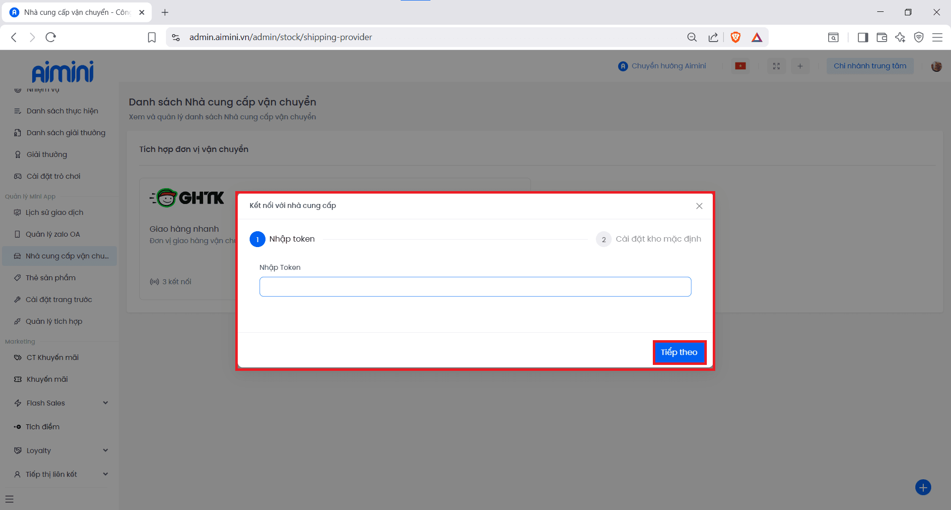 Nhập API Key kết nối GHTK