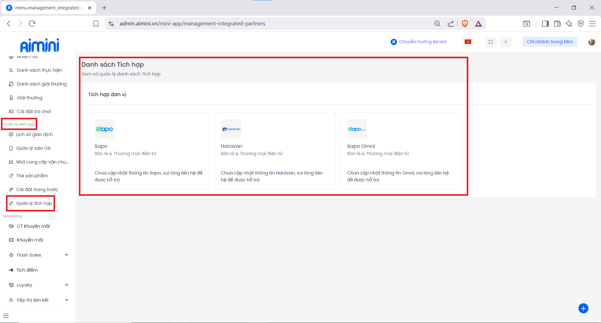 Giao diện quản lý tích hợp trong hệ thống Aimini