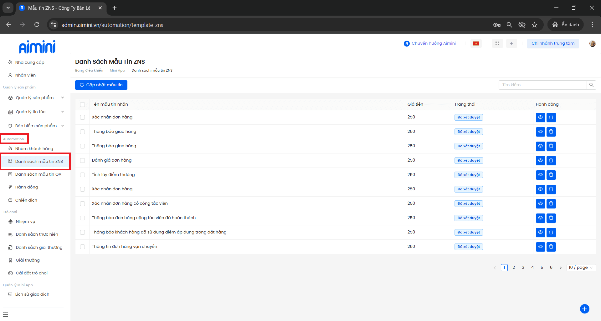 Giao diện danh sách mẫu tin ZNS
