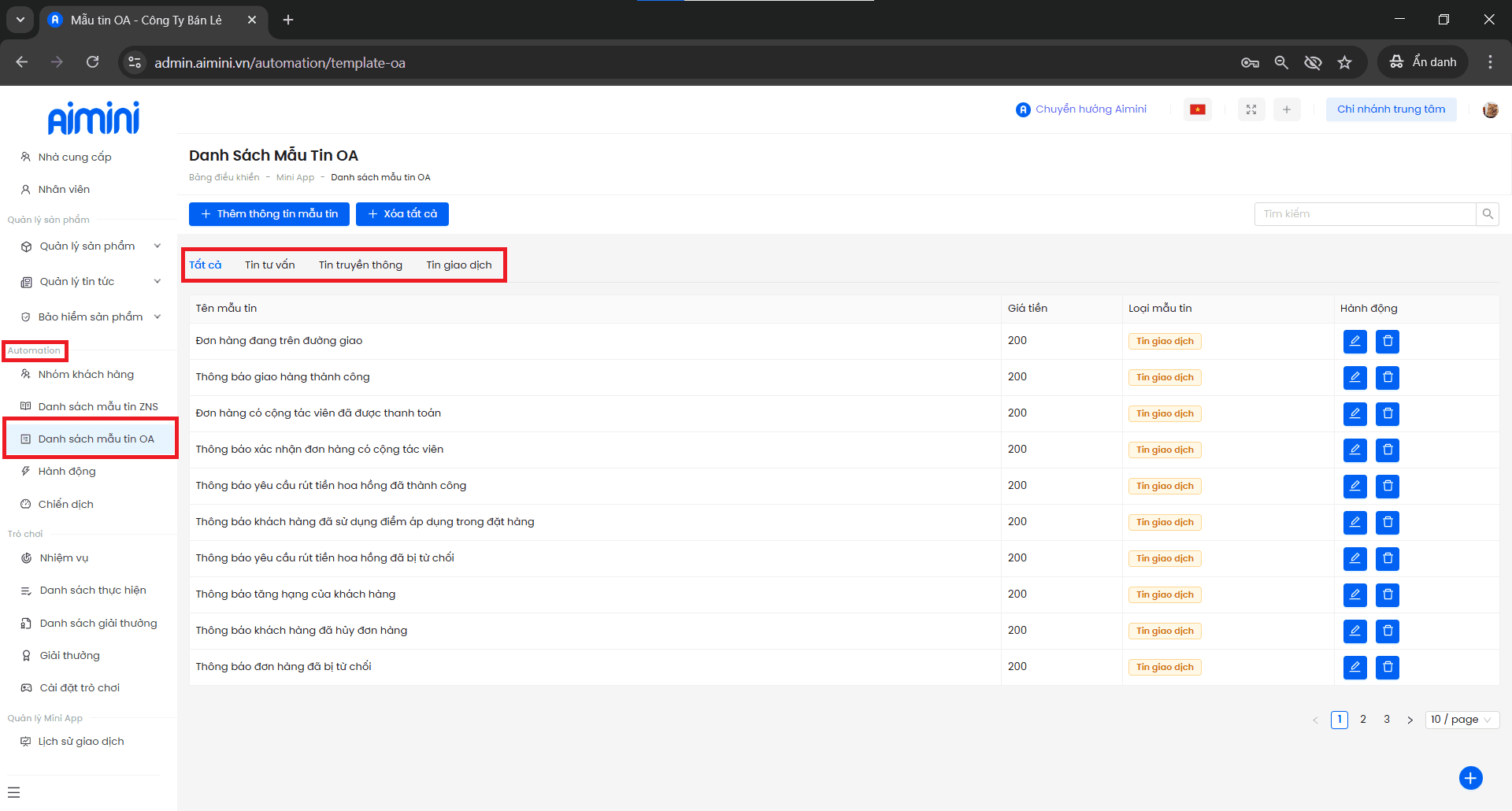 Giao diện danh sách mẫu tin OA