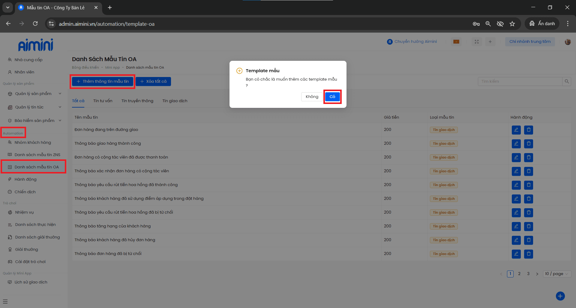 Thêm mẫu tin OA có sẵn