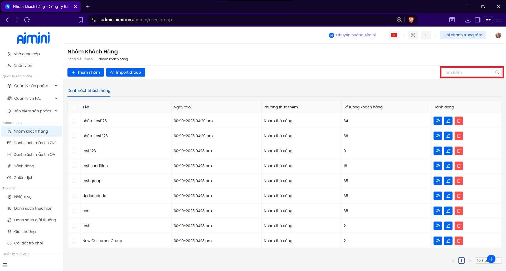 Giao diện tìm kiếm nhóm khách hàng