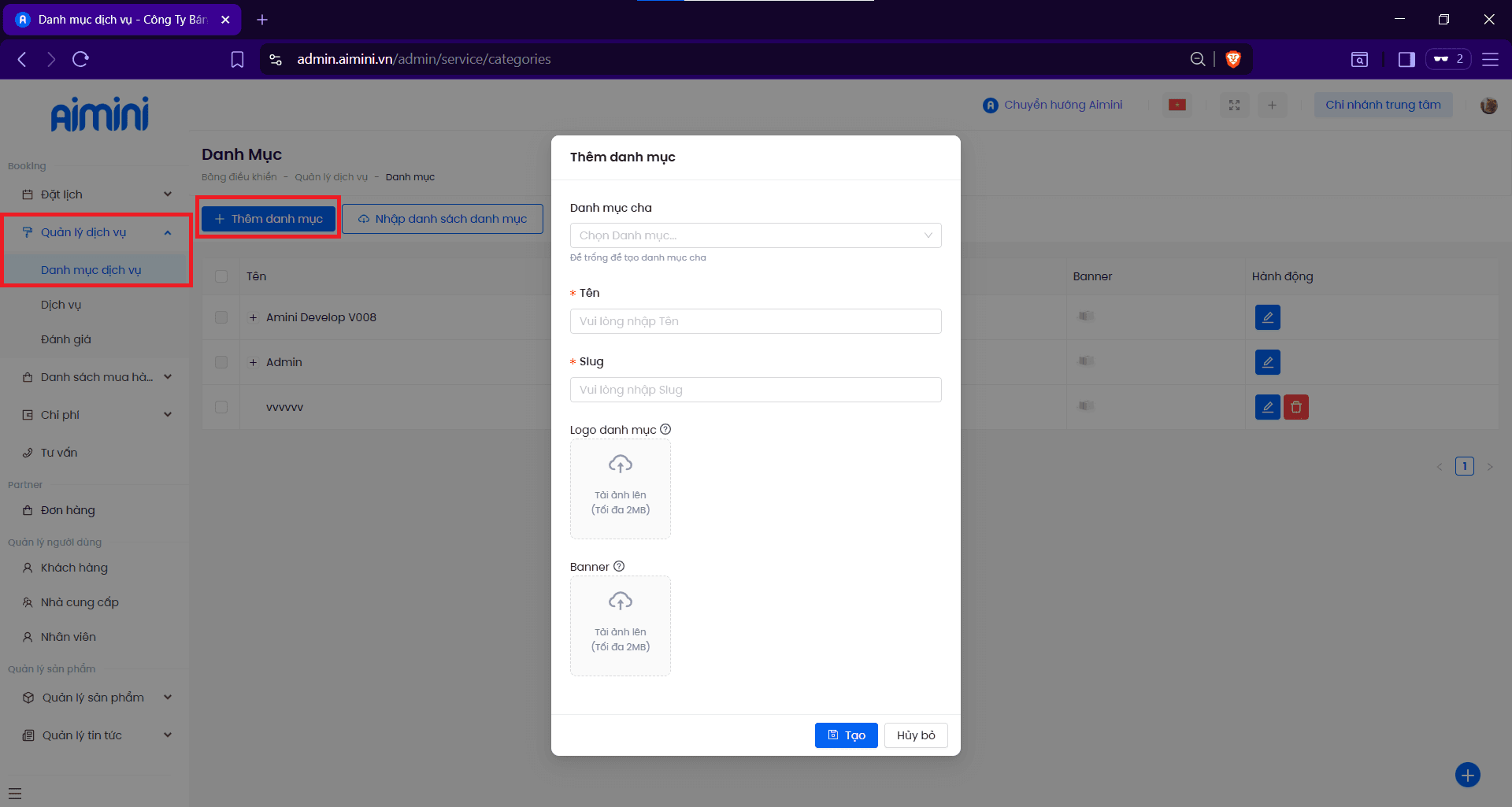 Giao diện thêm danh mục dịch vụ