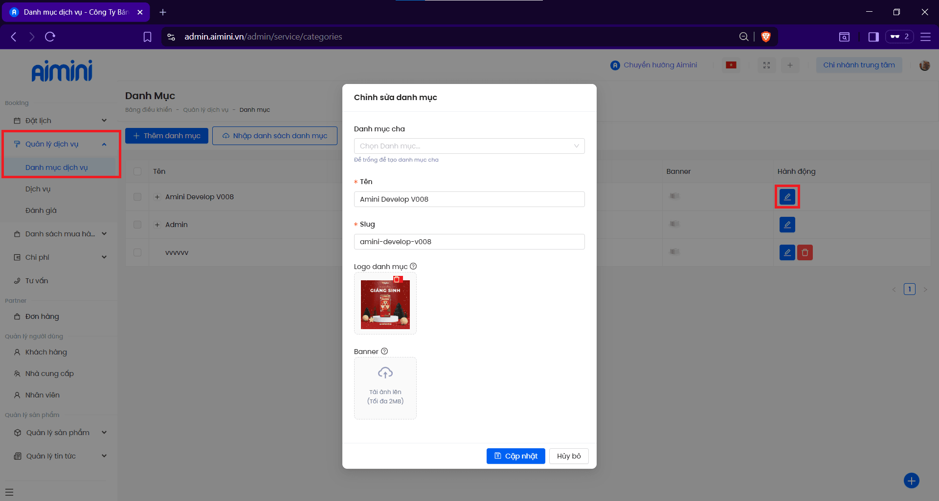 Màn hình chỉnh sửa danh mục dịch vụ