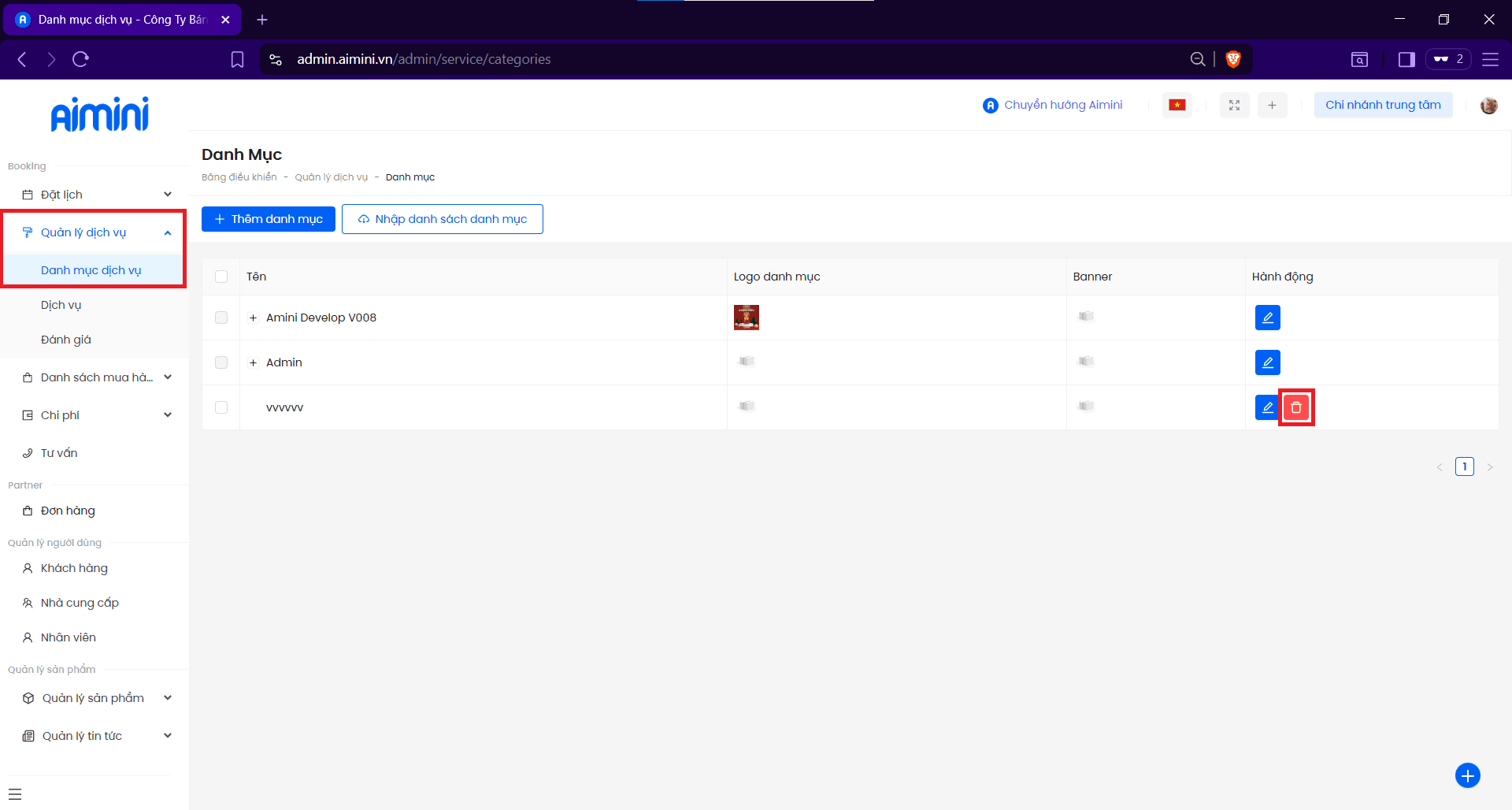 Màn hình xác nhận xóa danh mục dịch vụ