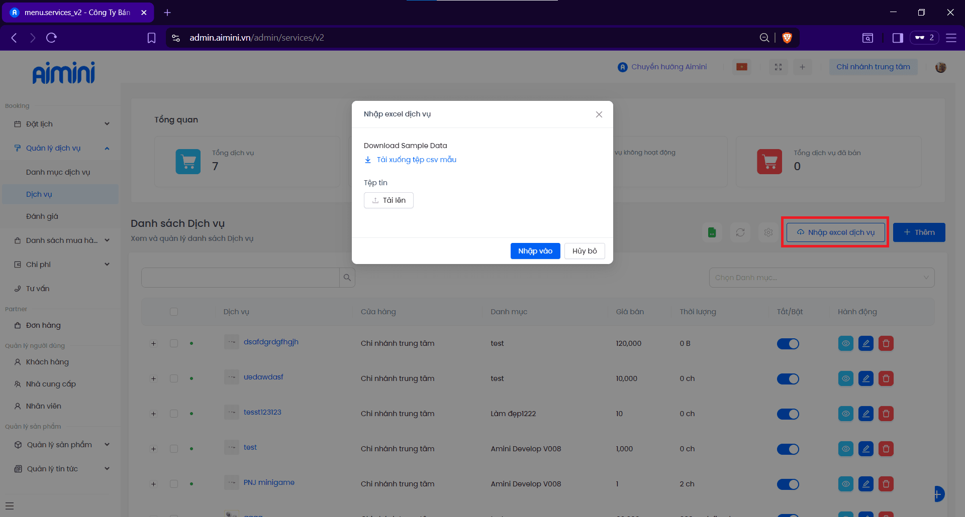 Giao diện nhập Excel dịch vụ