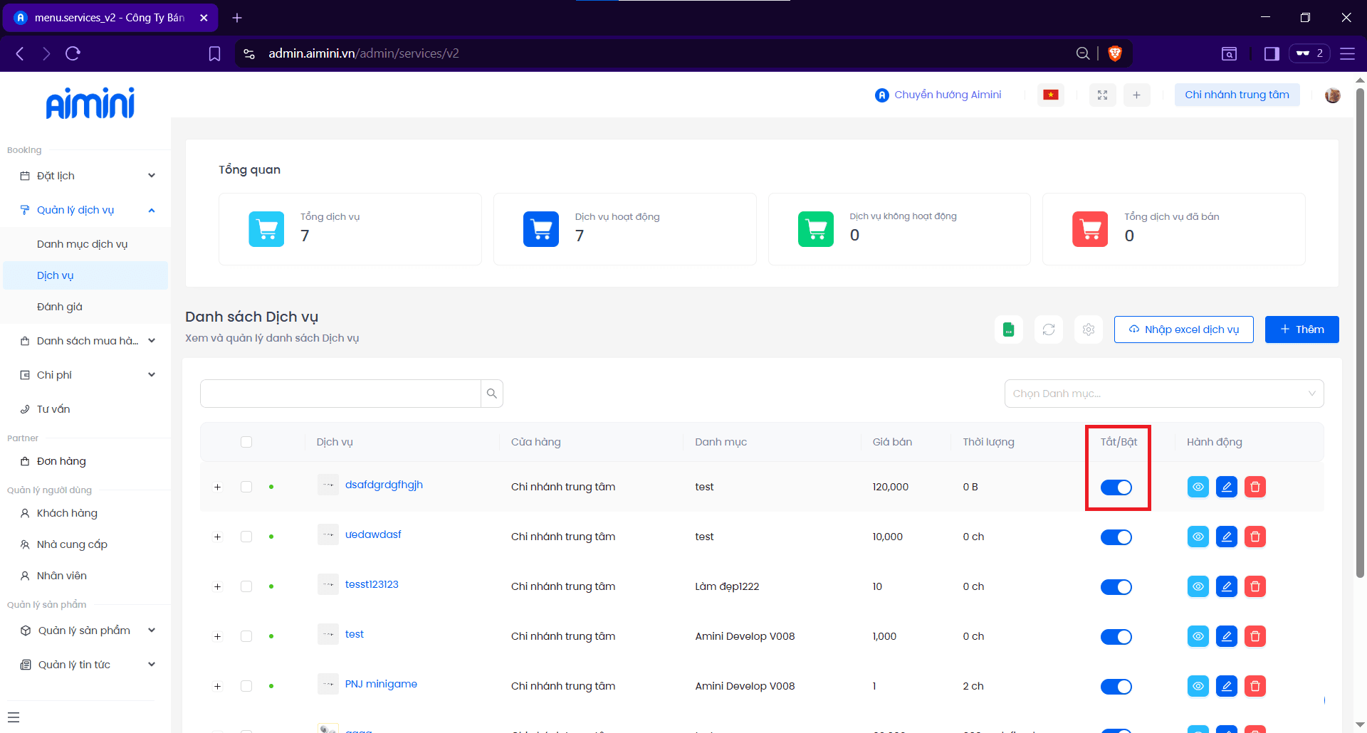 Giao diện danh sách dịch vụ