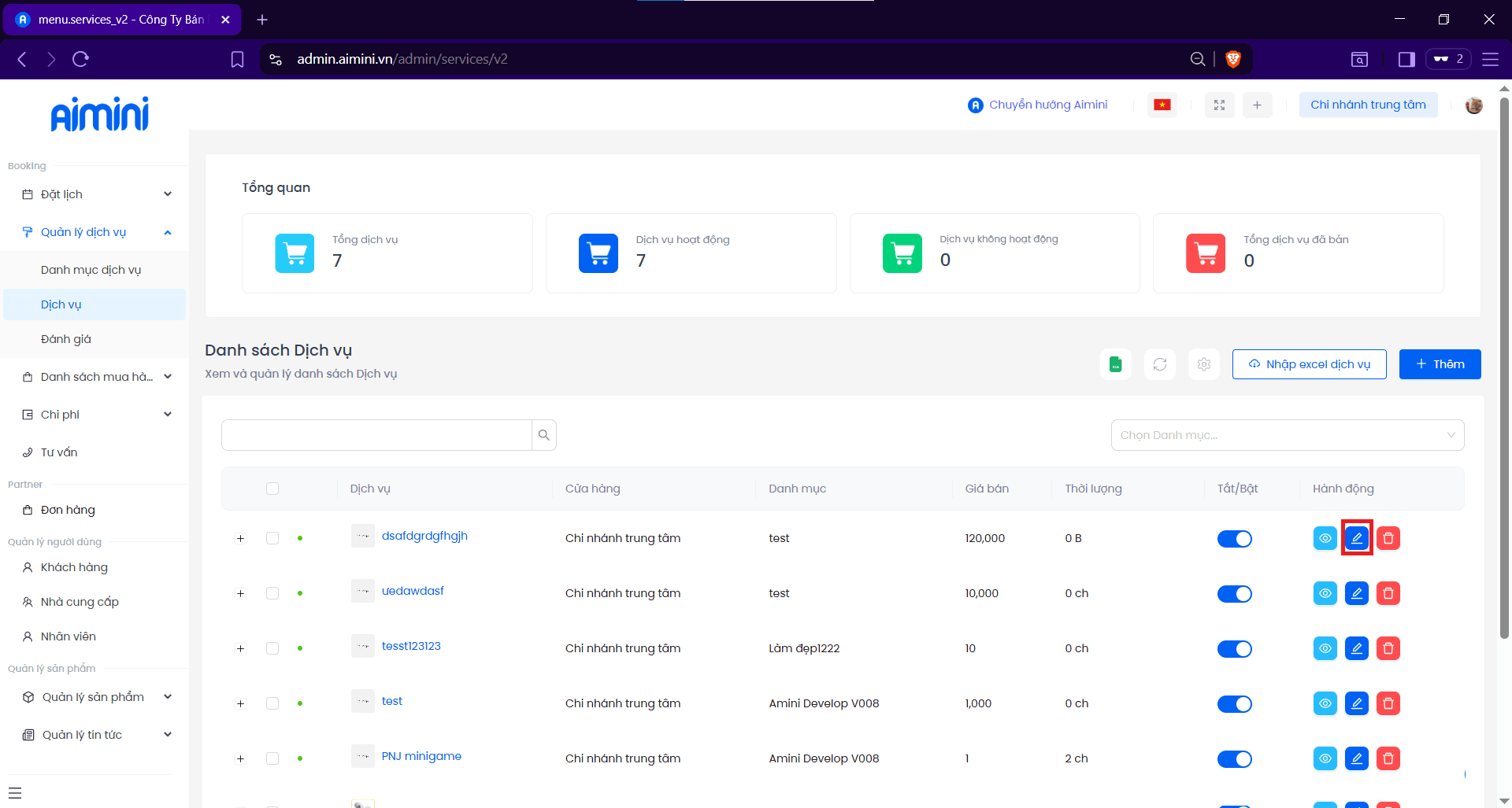 Form chỉnh sửa dịch vụ
