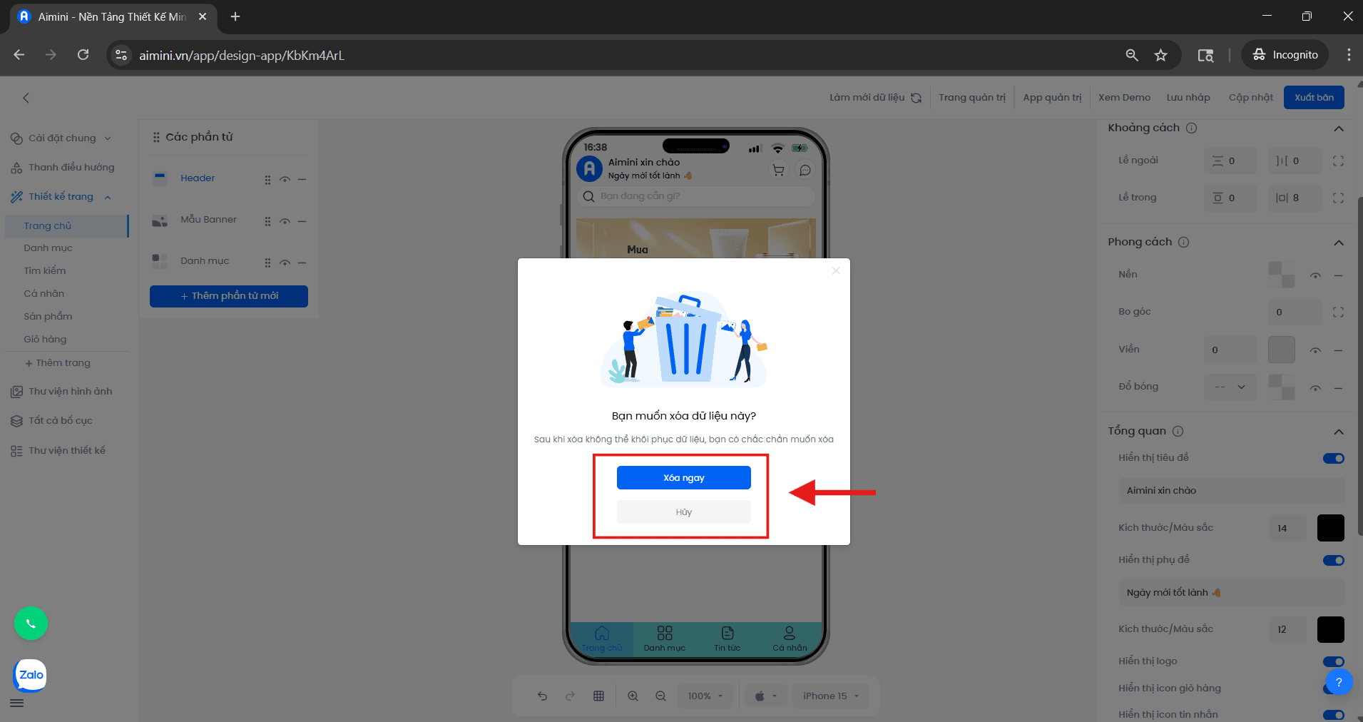 Nút Xóa ngay và Hủy trong cửa sổ xác nhận