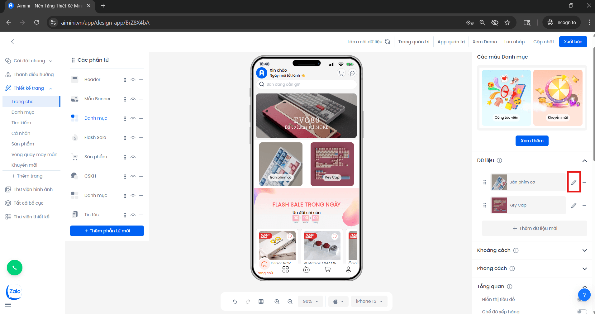 Nút chỉnh sửa danh mục trong giao diện quản lý