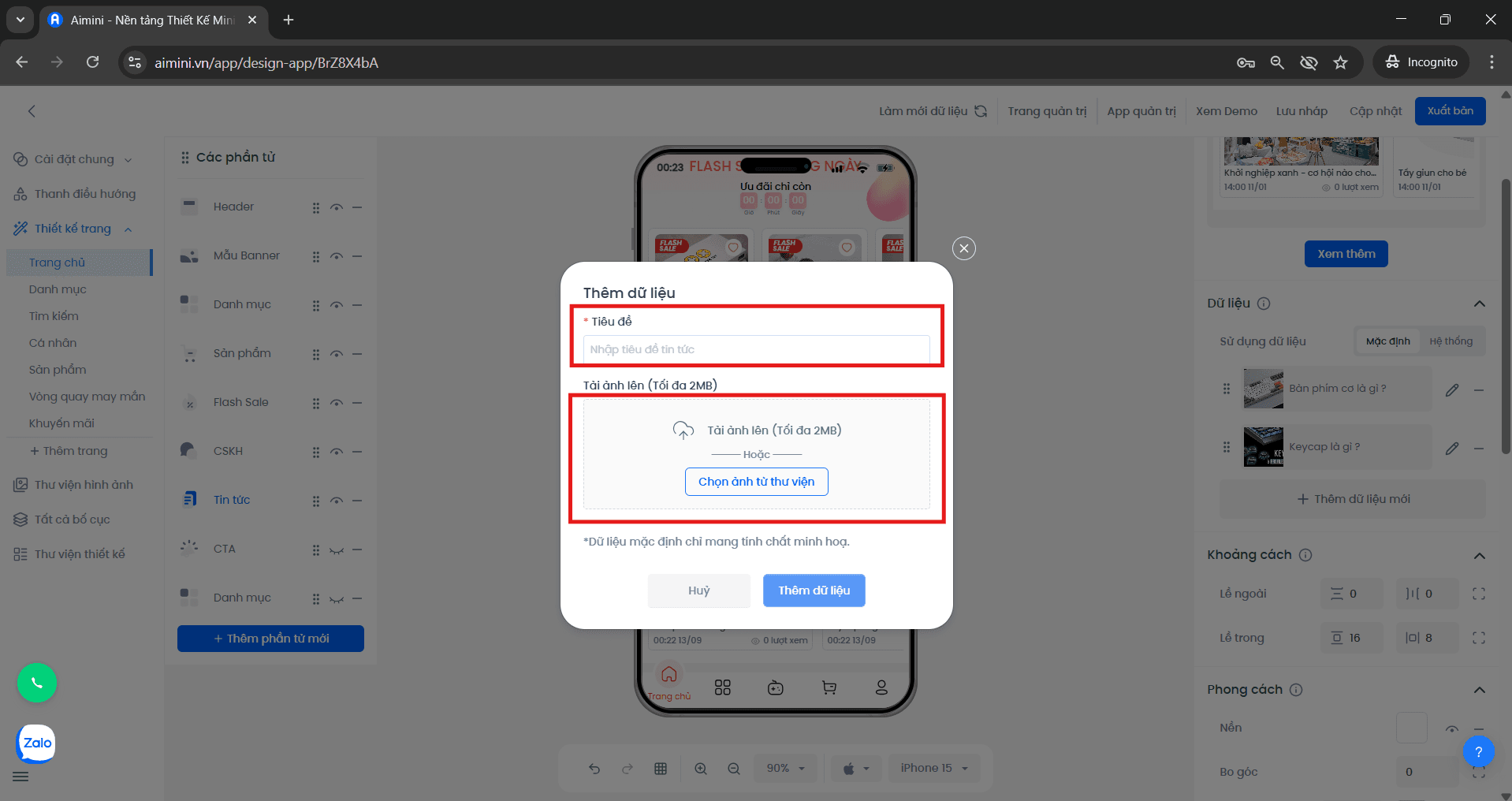 Giao diện thêm tin tức mới và chọn ảnh minh họa
