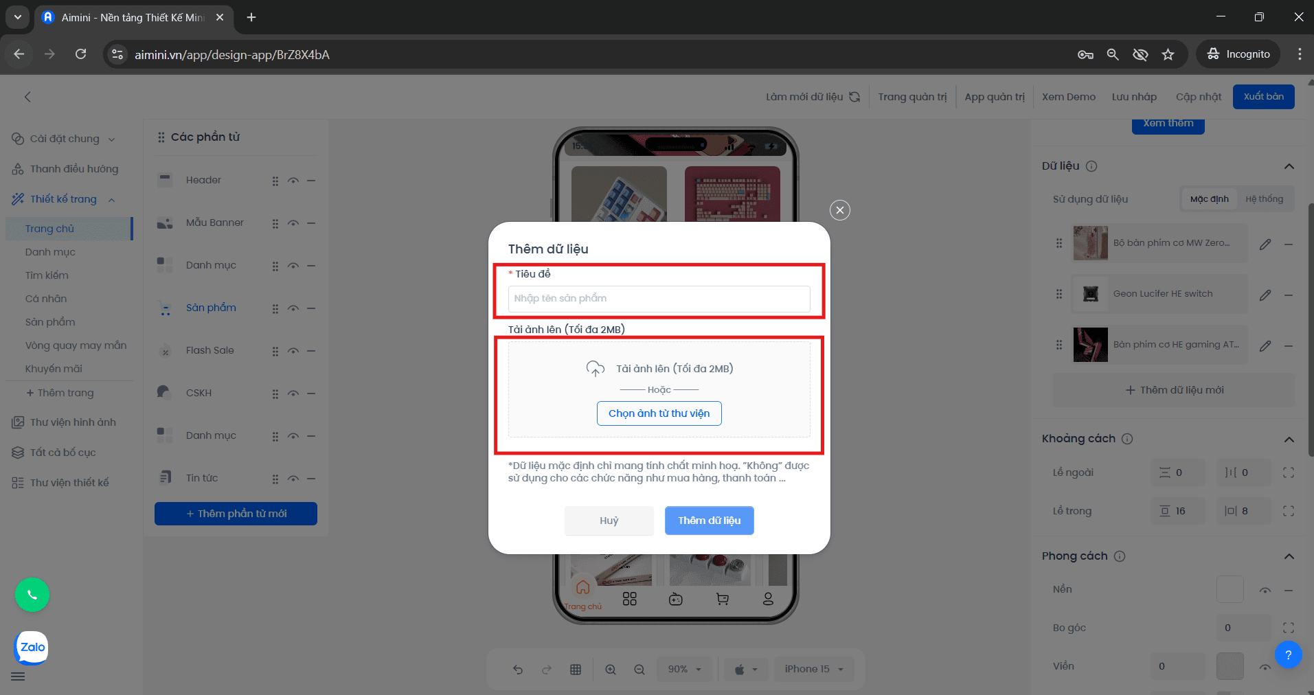 Giao diện thêm thông tin và chọn ảnh sản phẩm